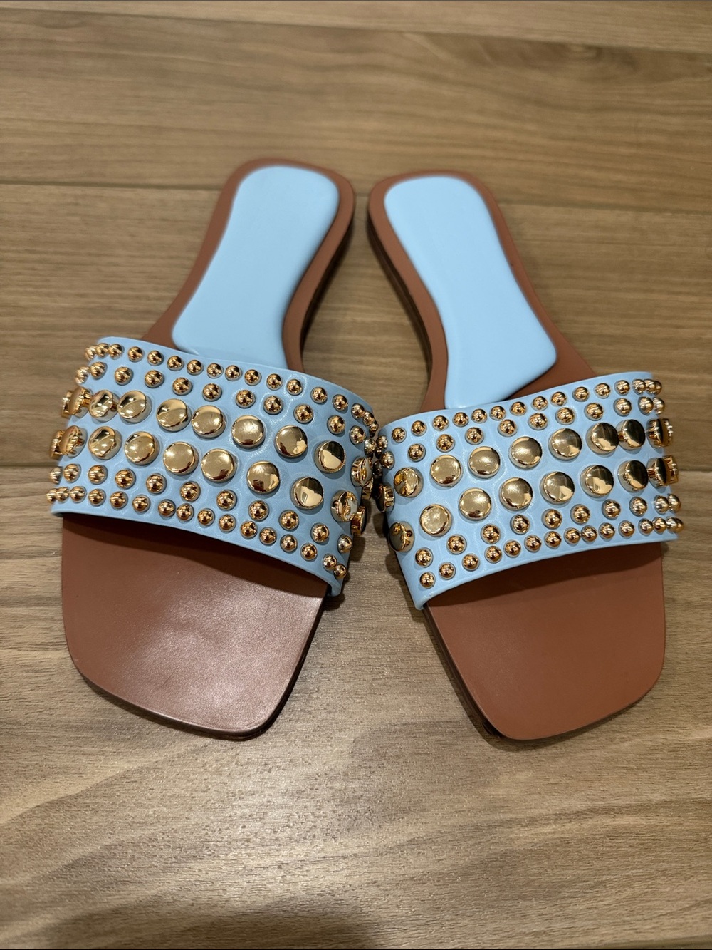 SHEIN Light Blue Strap Tan Slide Sandals with Gold Studs